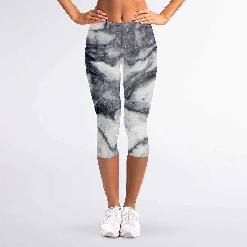 Dark Grey White Marble Print Women's Capri Leggings