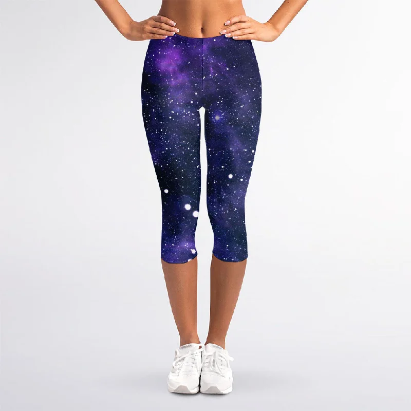 Dark Purple Galaxy Outer Space Print Women's Capri Leggings