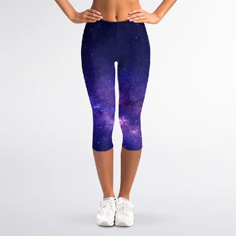 Dark Purple Milky Way Galaxy Space Print Women's Capri Leggings