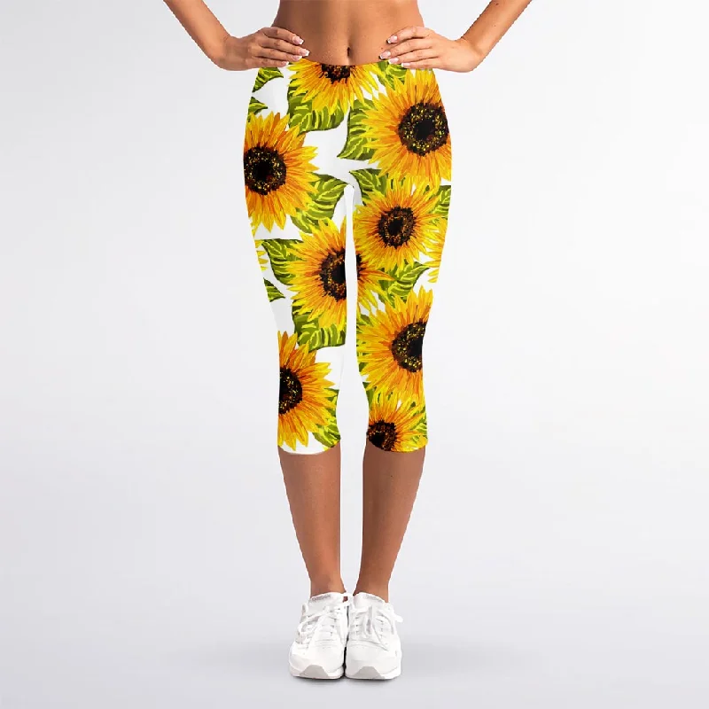 Doodle Sunflower Pattern Print Women's Capri Leggings