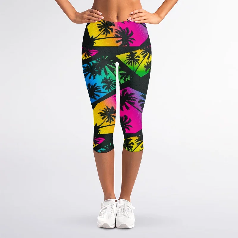 EDM Beach Palm Tree Pattern Print Women's Capri Leggings