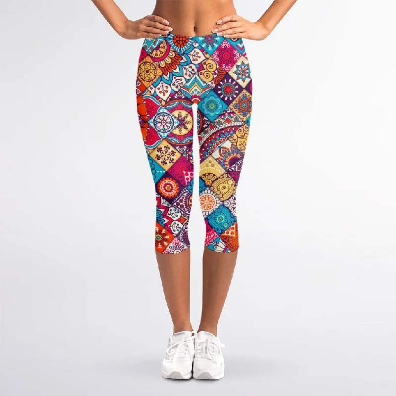 Ethnic Bohemian Mandala Pattern Print Women's Capri Leggings