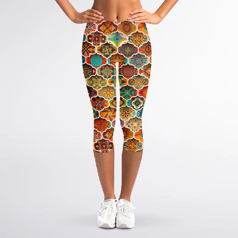 Ethnic Mandala Bohemian Pattern Print Women's Capri Leggings