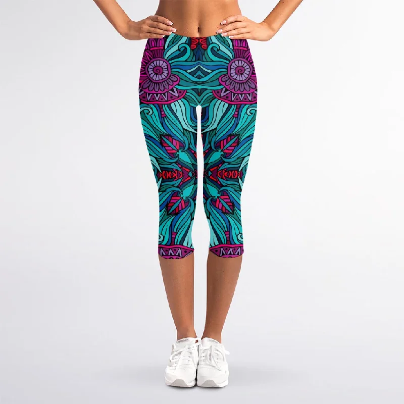 Ethnic Teal Bohemian Pattern Print Women's Capri Leggings