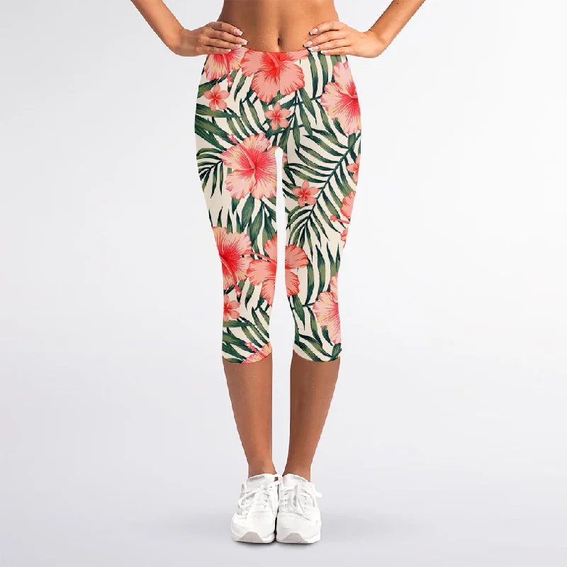 Exotic Tropical Hibiscus Pattern Print Women's Capri Leggings