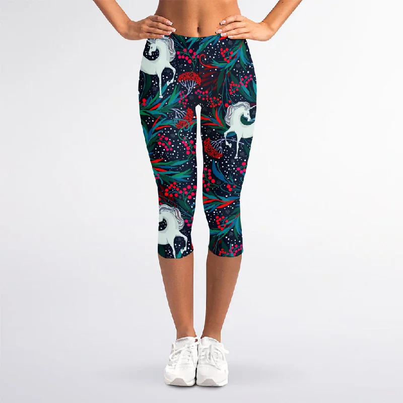 Fairy Floral Unicorn Pattern Print Women's Capri Leggings