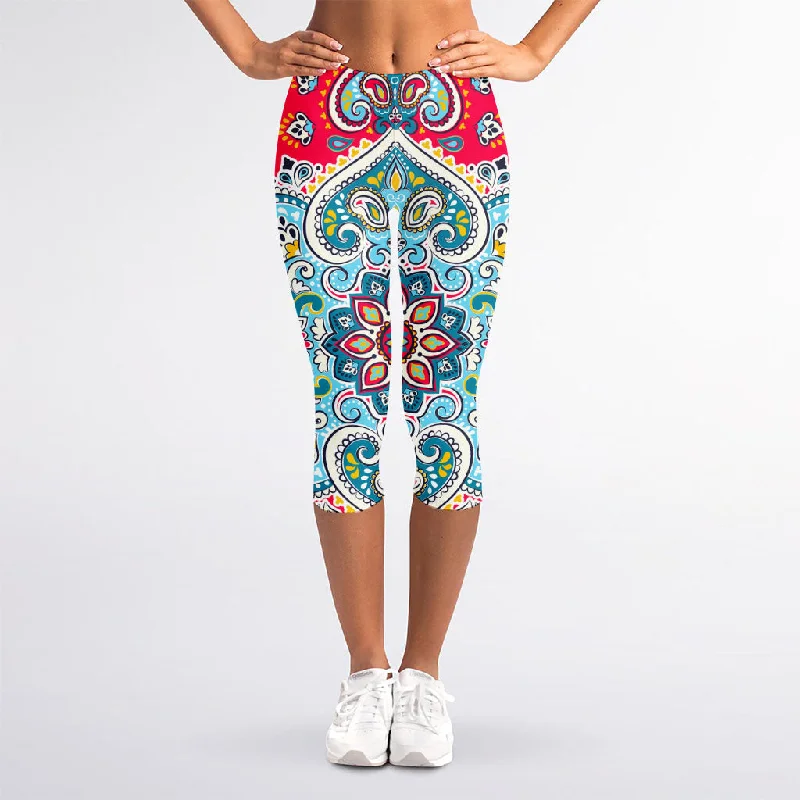 Floral Paisley Mandala Print Women's Capri Leggings