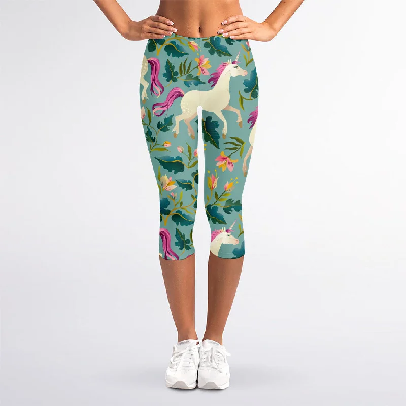 Floral Unicorn Pattern Print Women's Capri Leggings