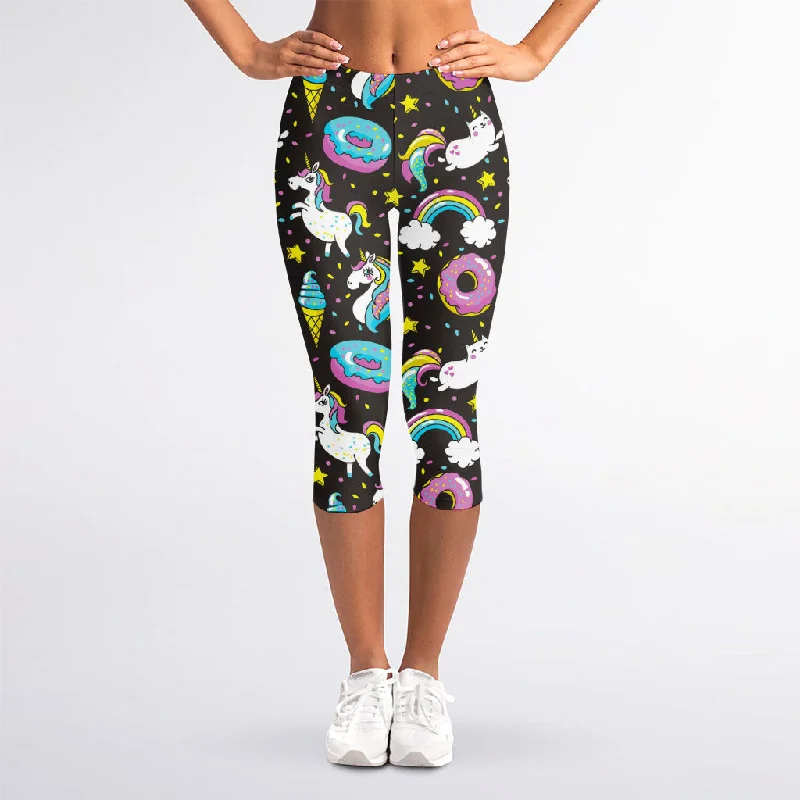 Girly Unicorn Donut Pattern Print Women's Capri Leggings