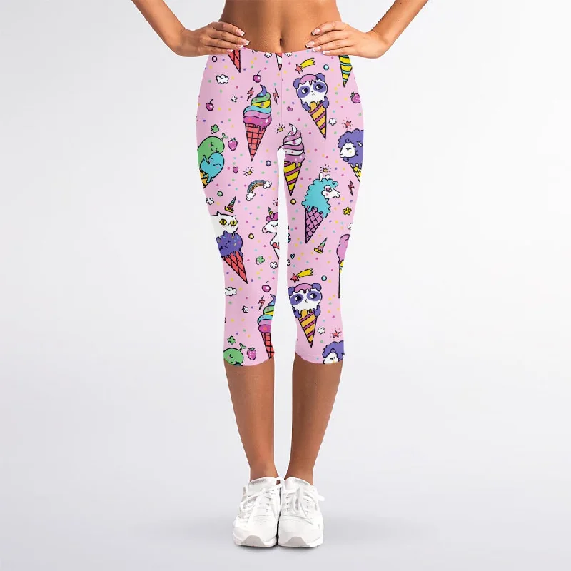 Girly Unicorn Ice Cream Pattern Print Women's Capri Leggings