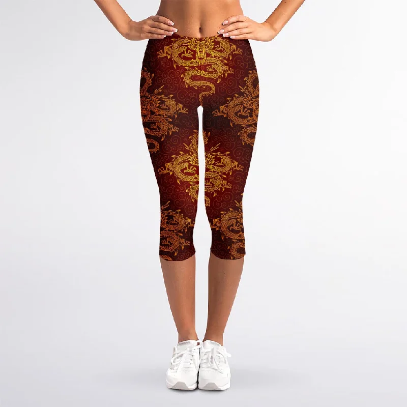 Gold Chinese Dragon Pattern Print Women's Capri Leggings