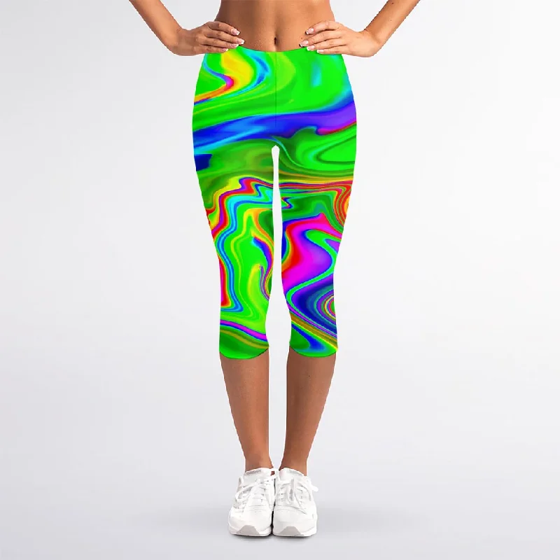 Green Abstract Liquid Trippy Print Women's Capri Leggings