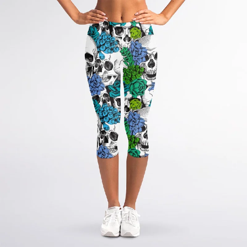 Green Blue Flowers Skull Pattern Print Women's Capri Leggings