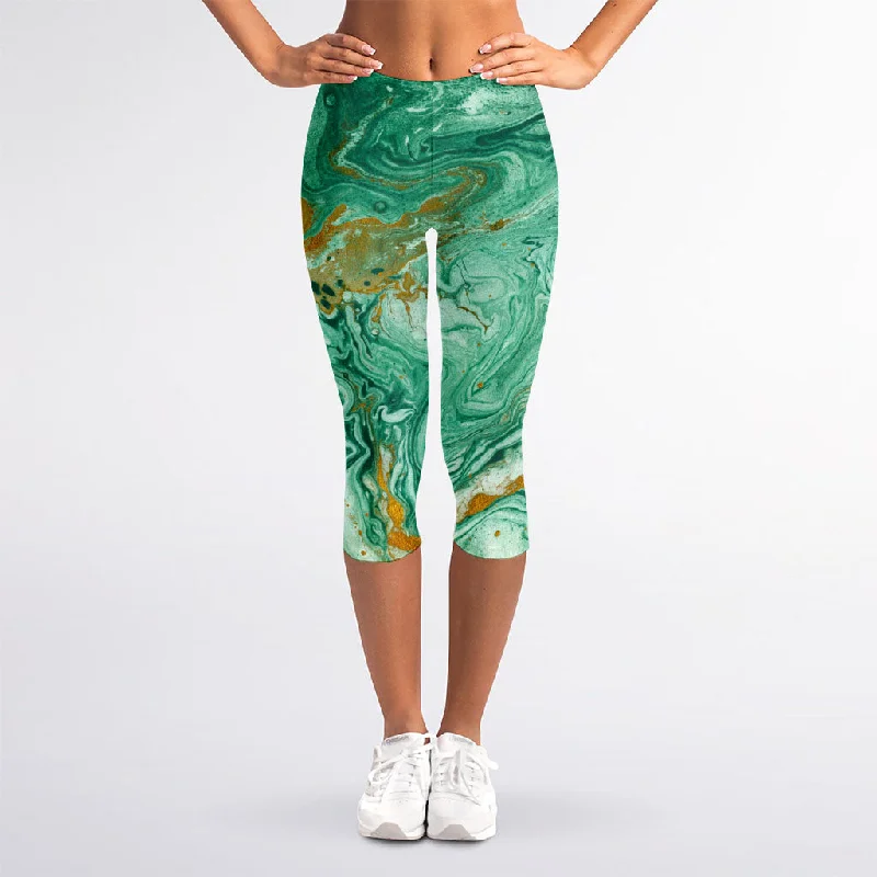 Green Gold Liquid Marble Print Women's Capri Leggings