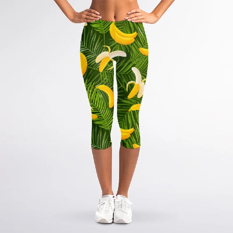 Green Tropical Banana Pattern Print Women's Capri Leggings