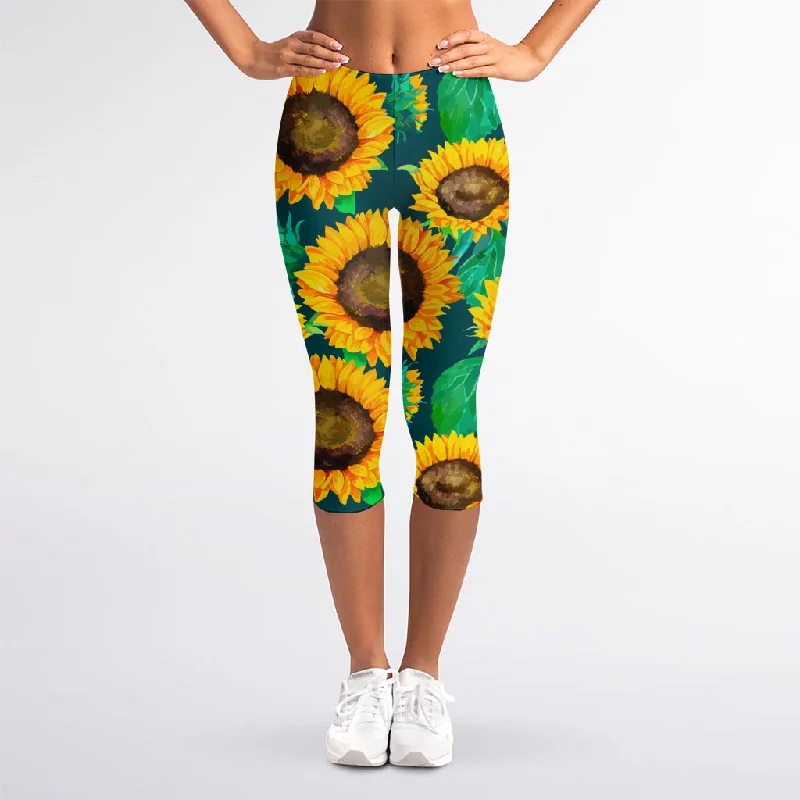 Green Watercolor Sunflower Pattern Print Women's Capri Leggings