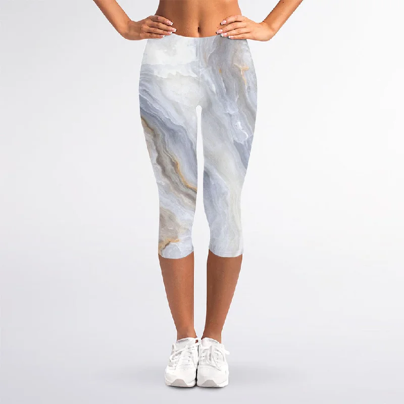 Grey Marble Print Women's Capri Leggings