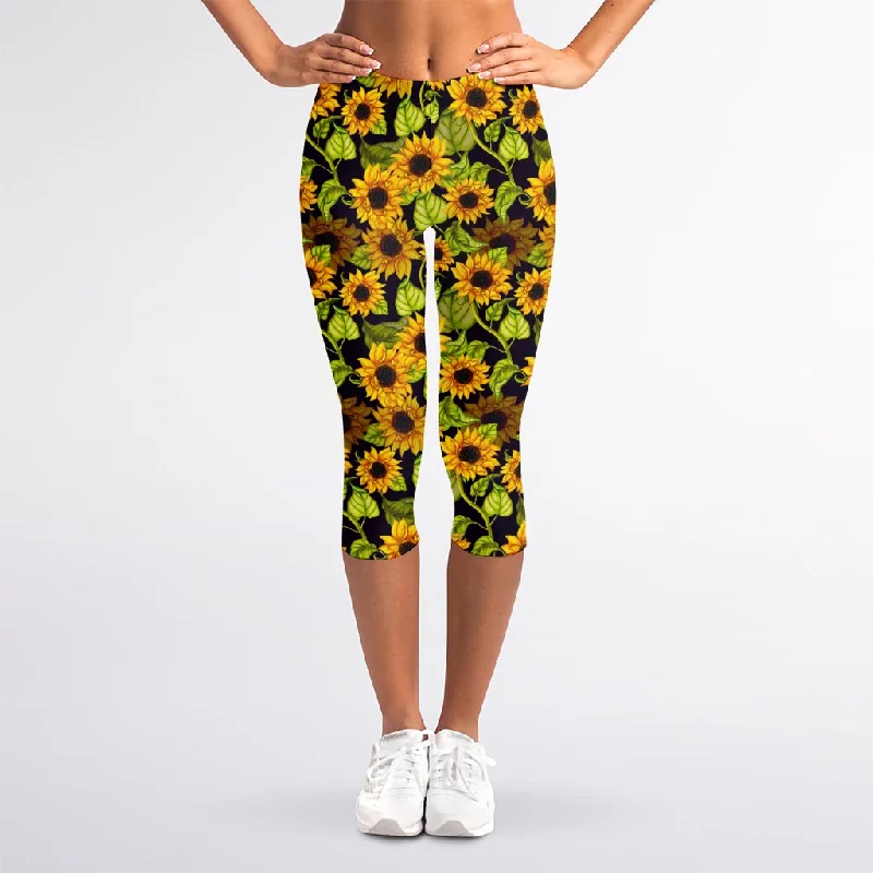 Hand Drawn Sunflower Pattern Print Women's Capri Leggings