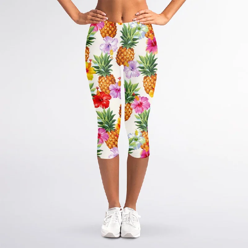 Hawaii Hibiscus Pineapple Pattern Print Women's Capri Leggings