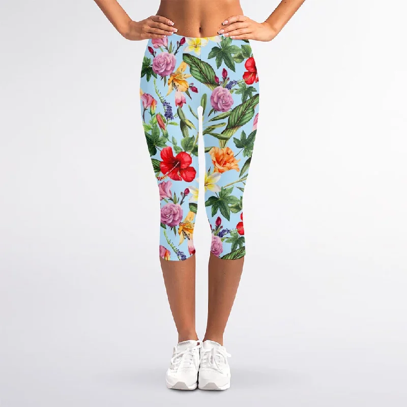 Hibiscus Flower Floral Pattern Print Women's Capri Leggings