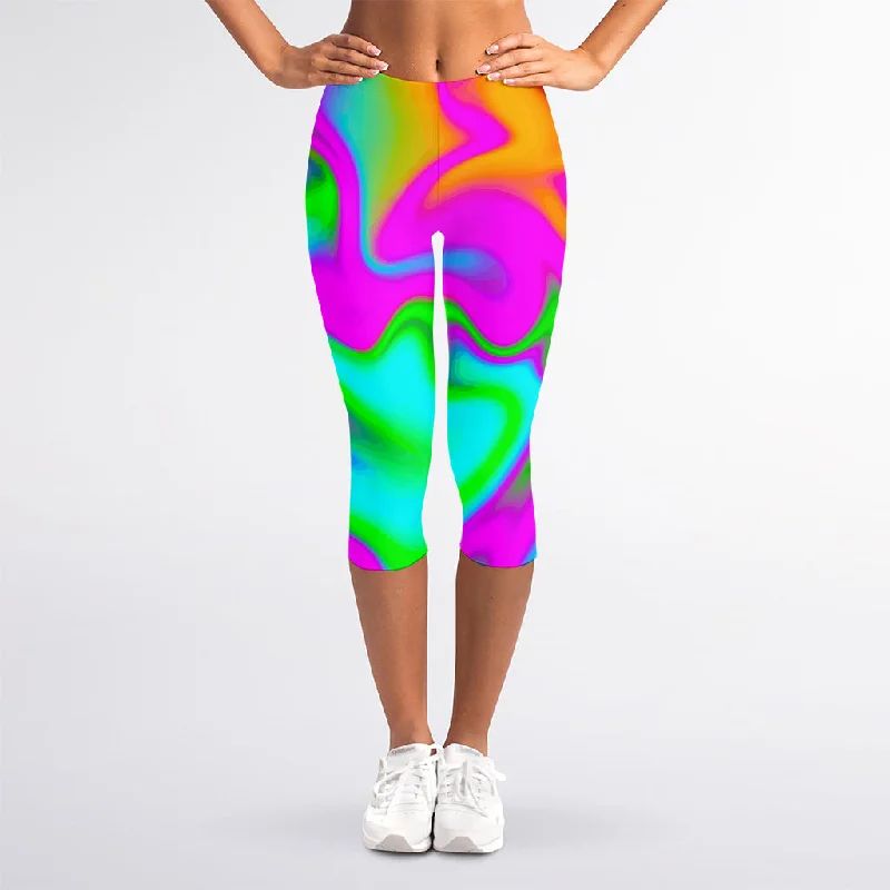 Holographic Neon Liquid Trippy Print Women's Capri Leggings