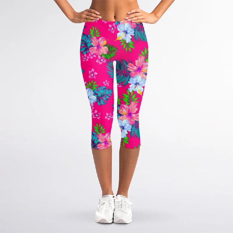 Hot Pink Aloha Hibiscus Pattern Print Women's Capri Leggings