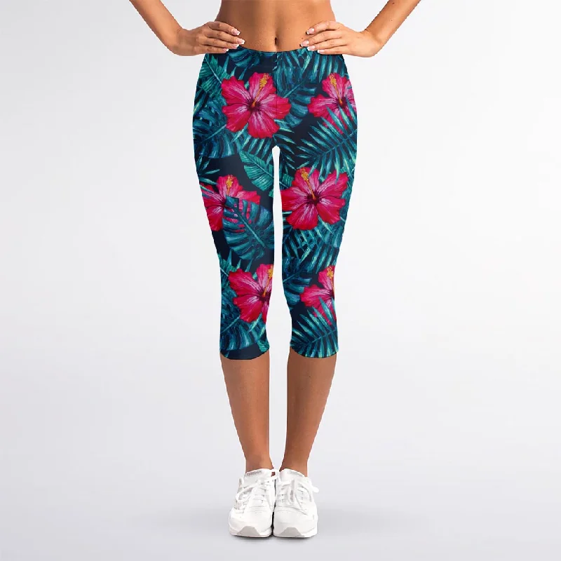 Hot Pink Hibiscus Tropical Pattern Print Women's Capri Leggings