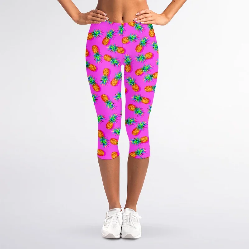 Hot Pink Pineapple Pattern Print Women's Capri Leggings