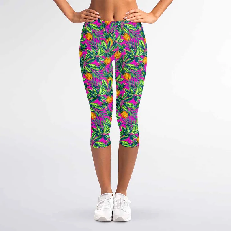 Hot Purple Pineapple Pattern Print Women's Capri Leggings