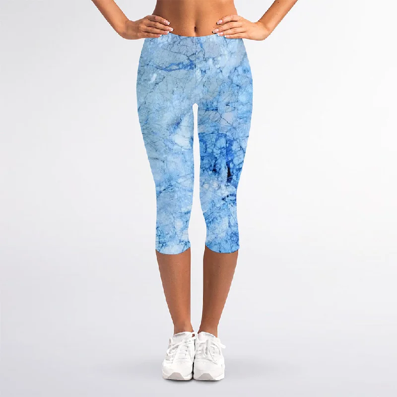 Ice Blue Marble Print Women's Capri Leggings