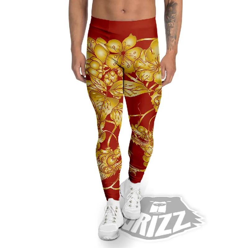 Japanese Dragon Orange Print Men's Leggings