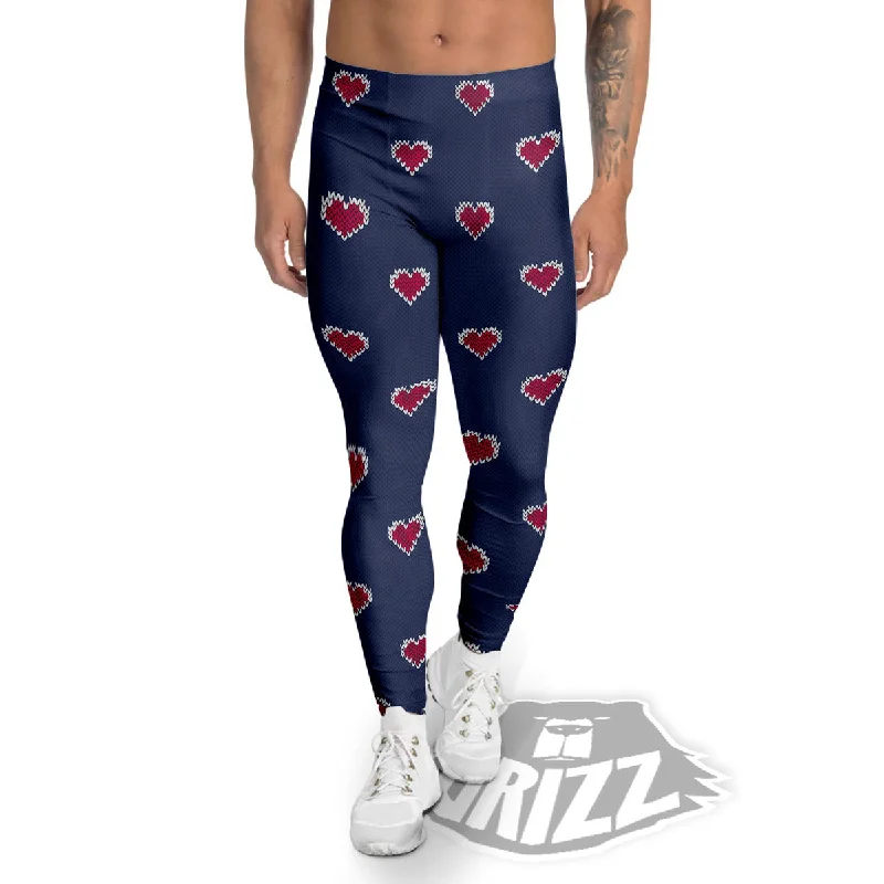 Knitted Heart Print Pattern Men's Leggings