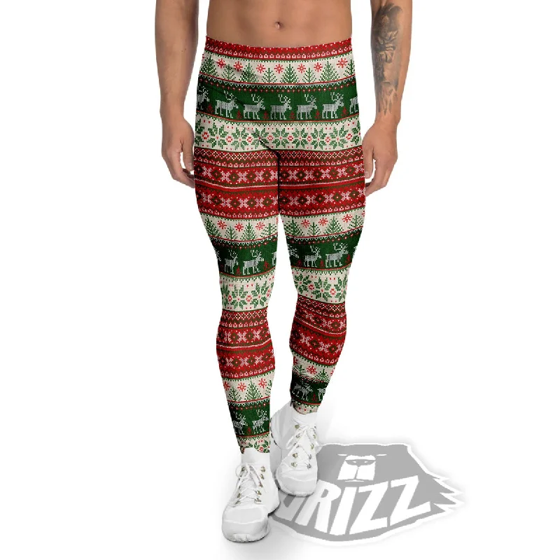 Knitted Merry Christmas Print Pattern Men's Leggings