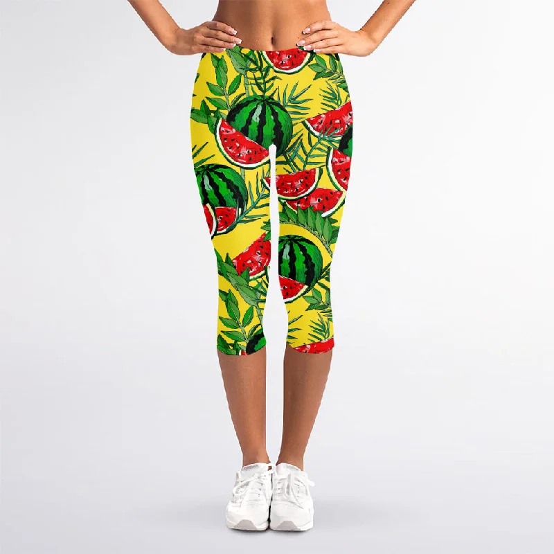 Leaf Watermelon Pieces Pattern Print Women's Capri Leggings