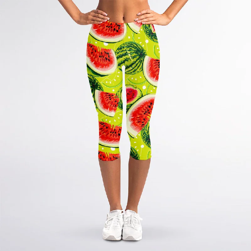 Lime Green Watermelon Pattern Print Women's Capri Leggings