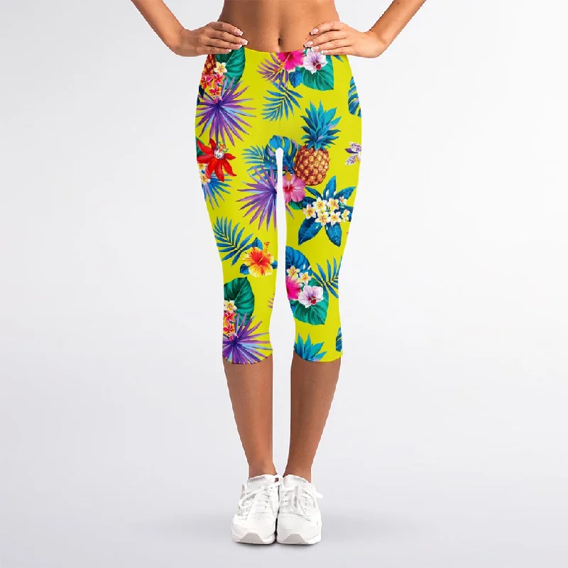 Lime Hawaiian Pineapple Pattern Print Women's Capri Leggings