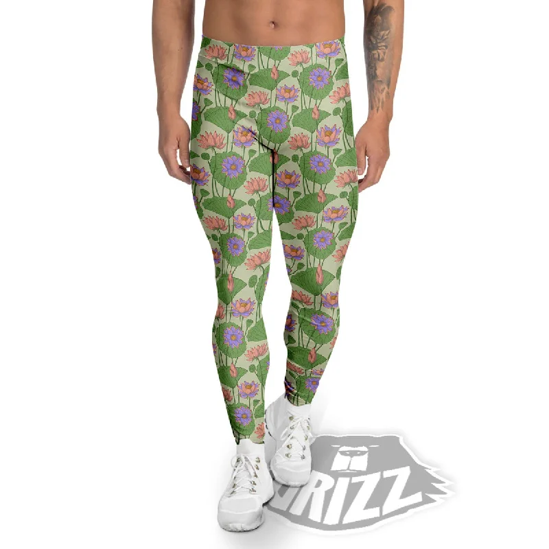 Lotus Leaf And Flower Print Pattern Men's Leggings