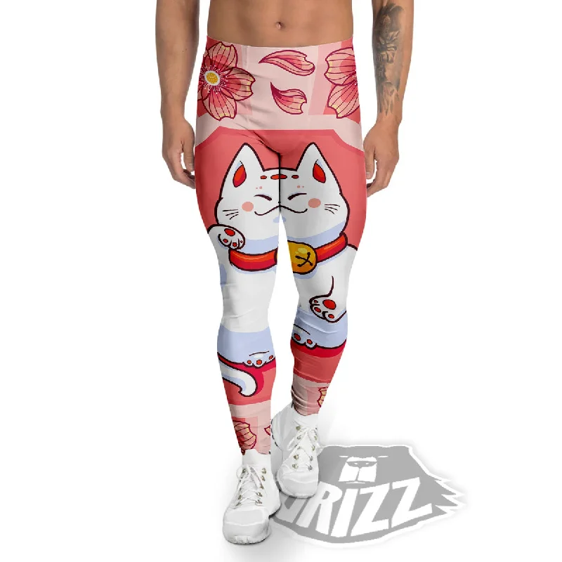 Lucky Cat And Sakura Japanese Print Men's Leggings