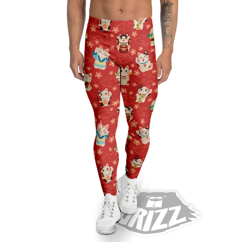 Lucky Cat Japanese Print Pattern Men's Leggings