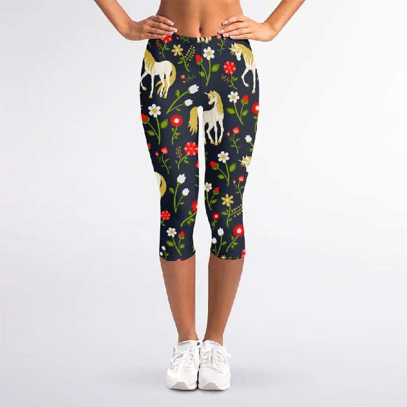 Magic Floral Unicorn Pattern Print Women's Capri Leggings