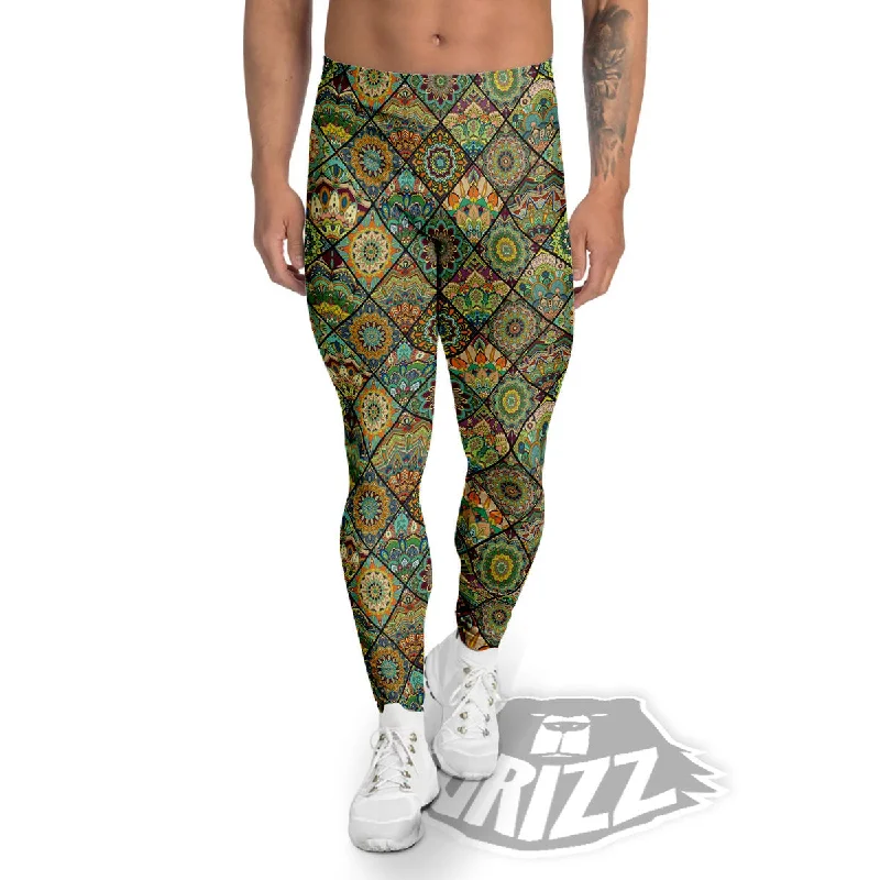 Mandala Patchwork Oval Bohemian Print Pattern Men's Leggings