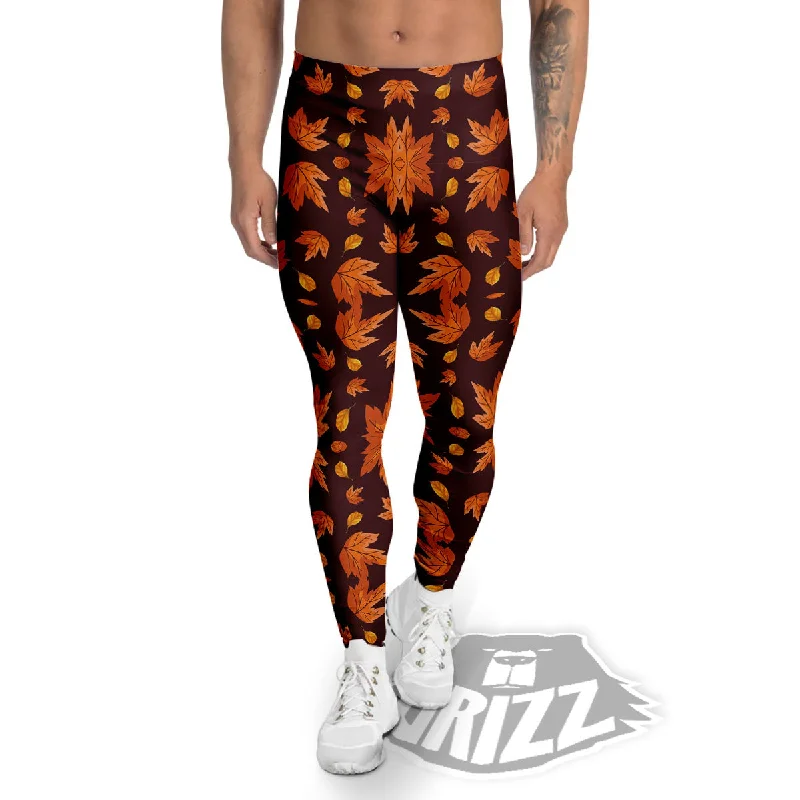 Maple Leaves Orange Print Pattern Men's Leggings