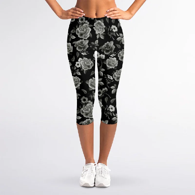 Monochrome Rose Floral Pattern Print Women's Capri Leggings