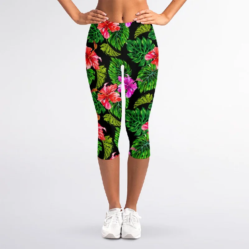 Monstera Hibiscus Hawaii Pattern Print Women's Capri Leggings