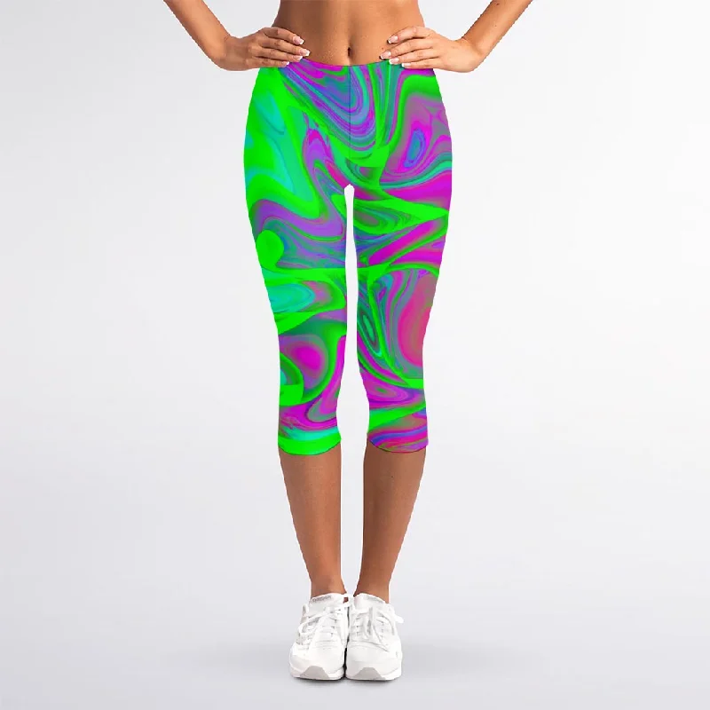 Neon Green Pink Psychedelic Trippy Print Women's Capri Leggings