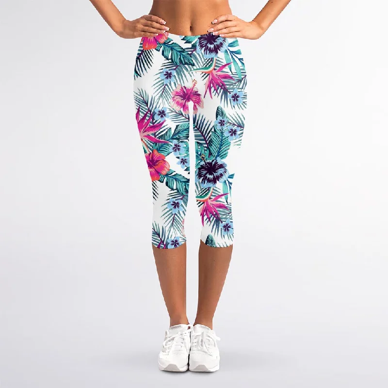 Neon Hibiscus Tropical Pattern Print Women's Capri Leggings