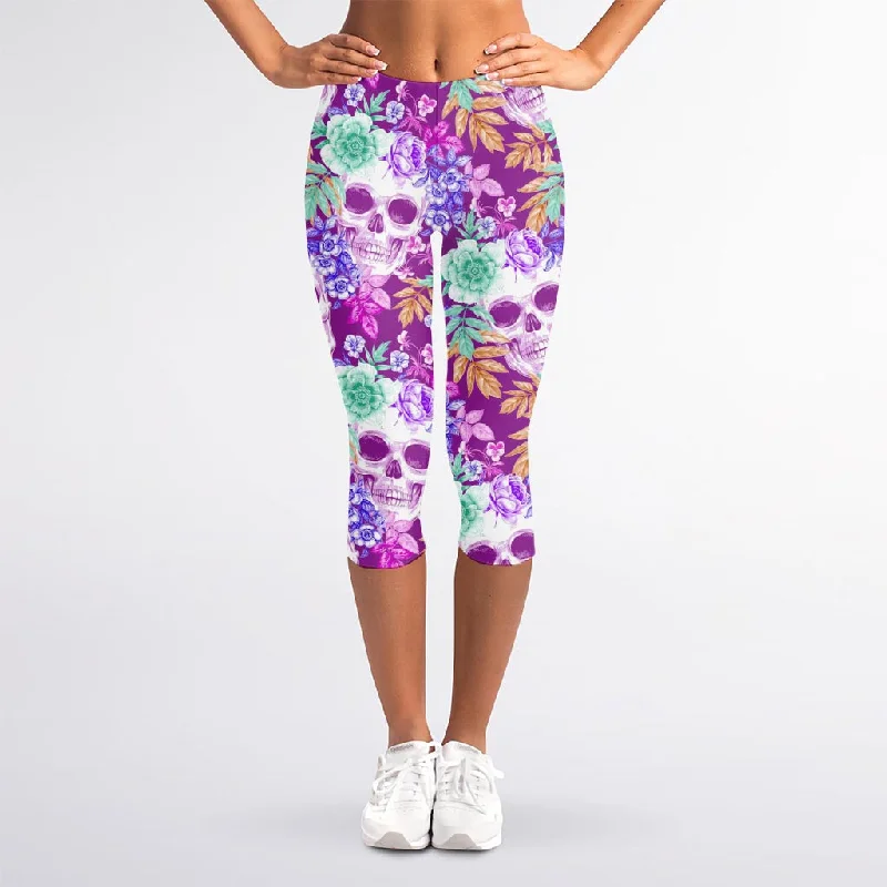 Neon Skull Floral Pattern Print Women's Capri Leggings