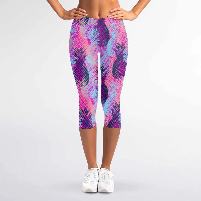 Neon Trippy Pineapple Pattern Print Women's Capri Leggings