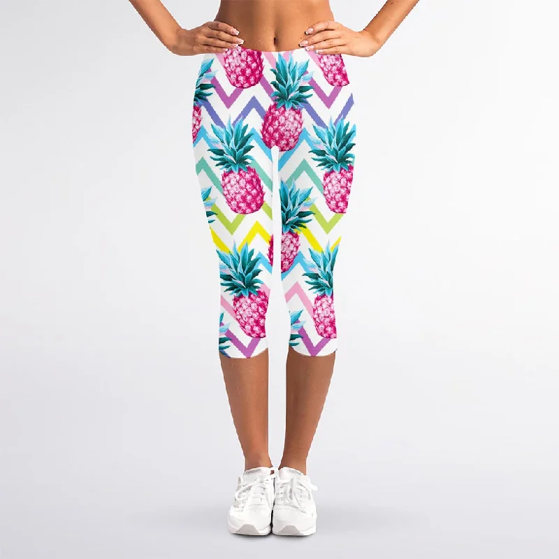 Neon Zig Zag Pineapple Pattern Print Women's Capri Leggings