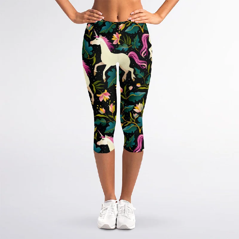 Night Floral Unicorn Pattern Print Women's Capri Leggings